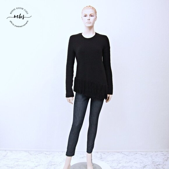 Theory Hudina Asymmetrical Crew Neck Merino Wool Fringe Hem Sweater Black SP - Picture 5 of 14